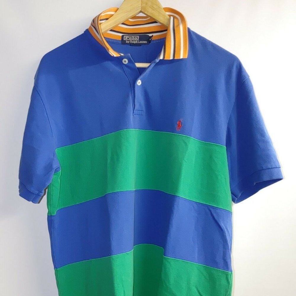 Polo Ralph Lauren Vintage Bold Stripes Rugby Pony Orange Blue Green Preppy USA L